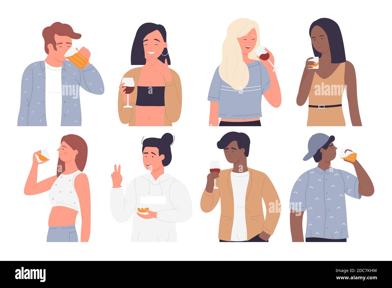 People drink vector illustration set. Cartoon young happy man woman characters drinking, holding wineglass, glasses of beer or whiskey in hands, fun party in alcohol bar or home isolated on white Stock Vector