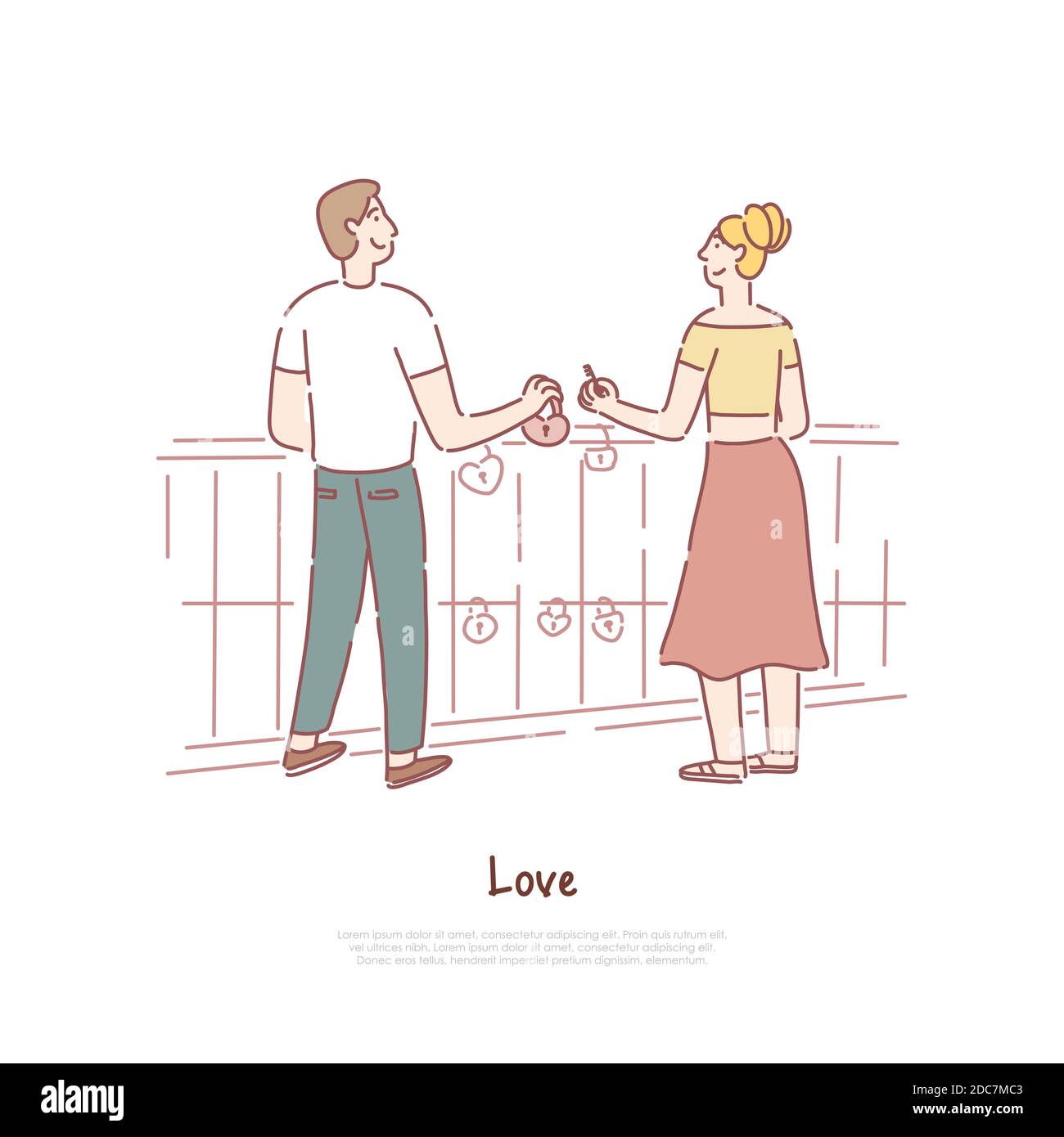 Couple hanging padlock on love bridge, boyfriend and girlfriend 