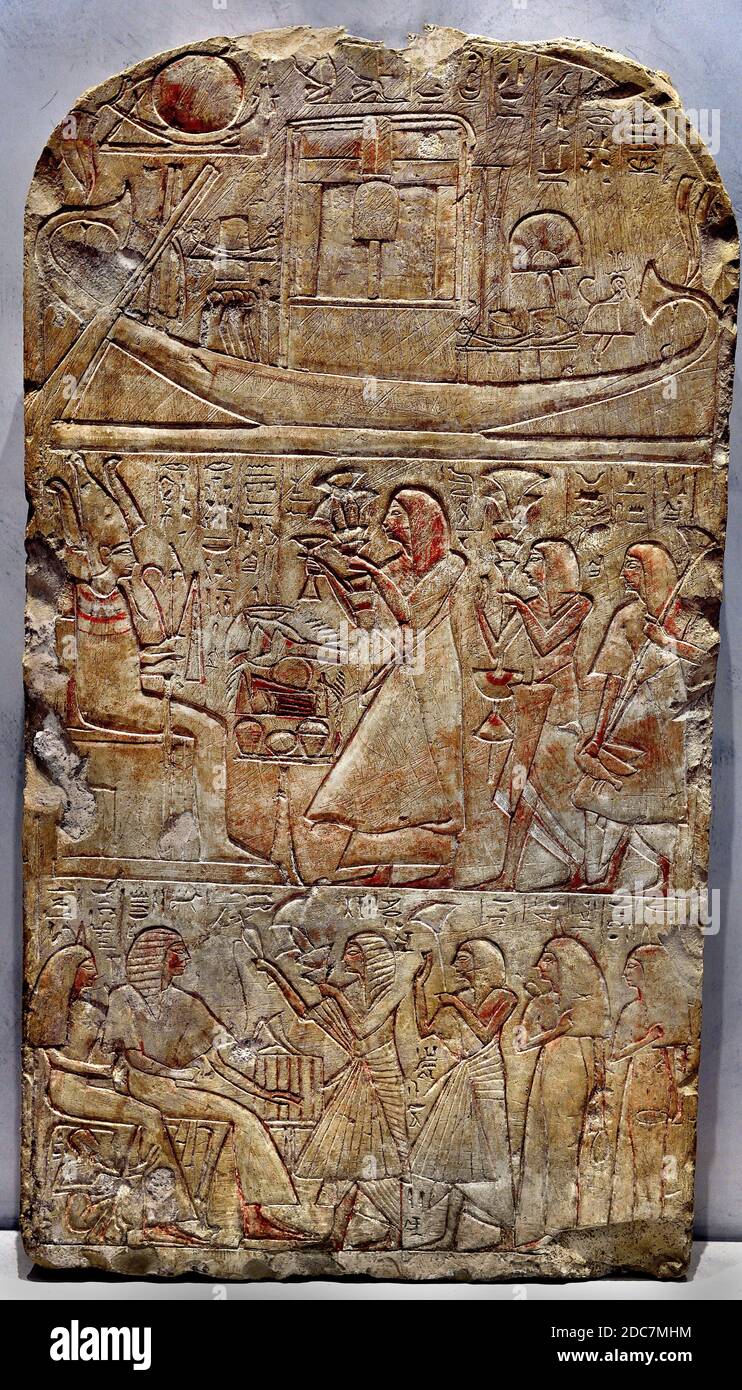 Stela family of Houyou, singer of the king, Top  - solar barque with reliquary of Osiris, Middle  - Houyou making offerings to Osiris, Bottom Ameaemheb, Supervisor Archers, and wife, receiving family offerings, Museum Lyon, Egypt, Egyptian, Museum of Beaux Arts, Lyon Egypt, Egyptian Stock Photo