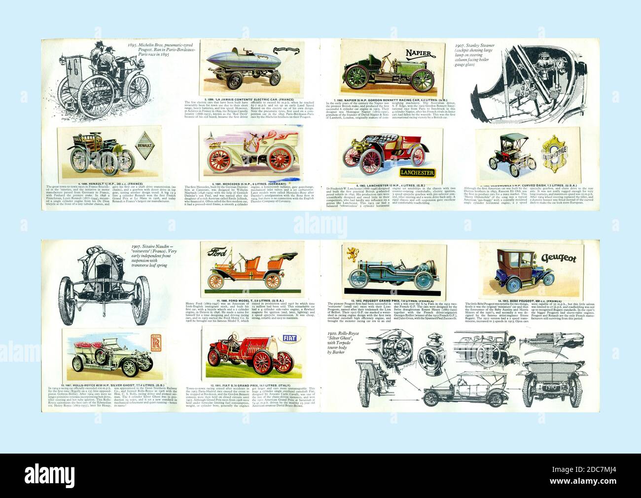 'History of the Motor Car' collector's cards in album (Full set of 50, 1968, each card 69mm x 37mm scanned actual size) issued by Brooke Bond Tea Stock Photo