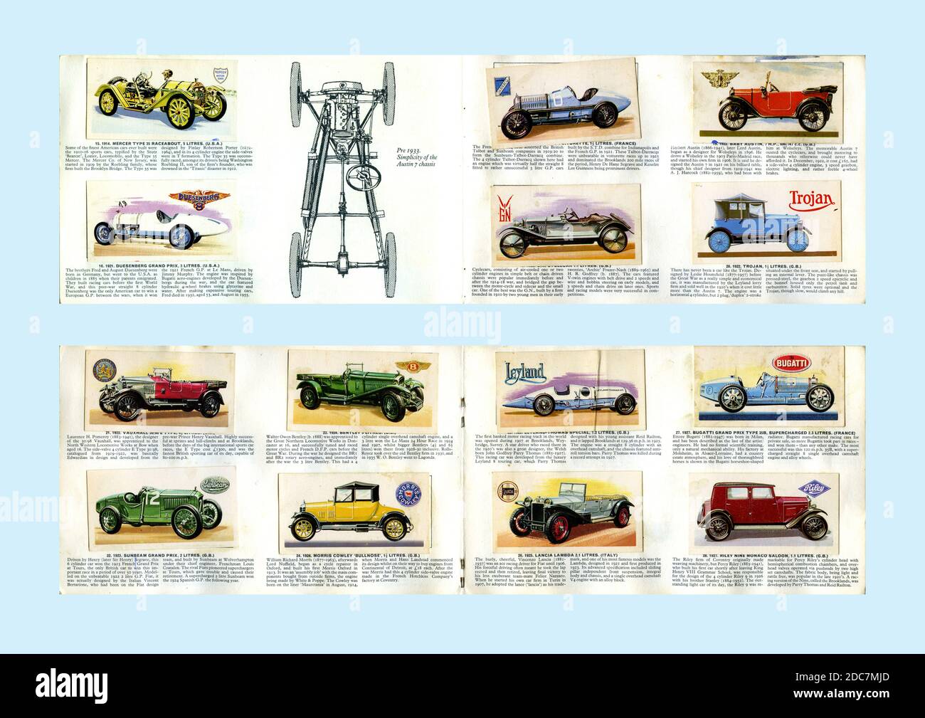 'History of the Motor Car' collector's cards in album (Full set of 50, 1968, each card 69mm x 37mm scanned actual size) issued by Brooke Bond Tea Stock Photo