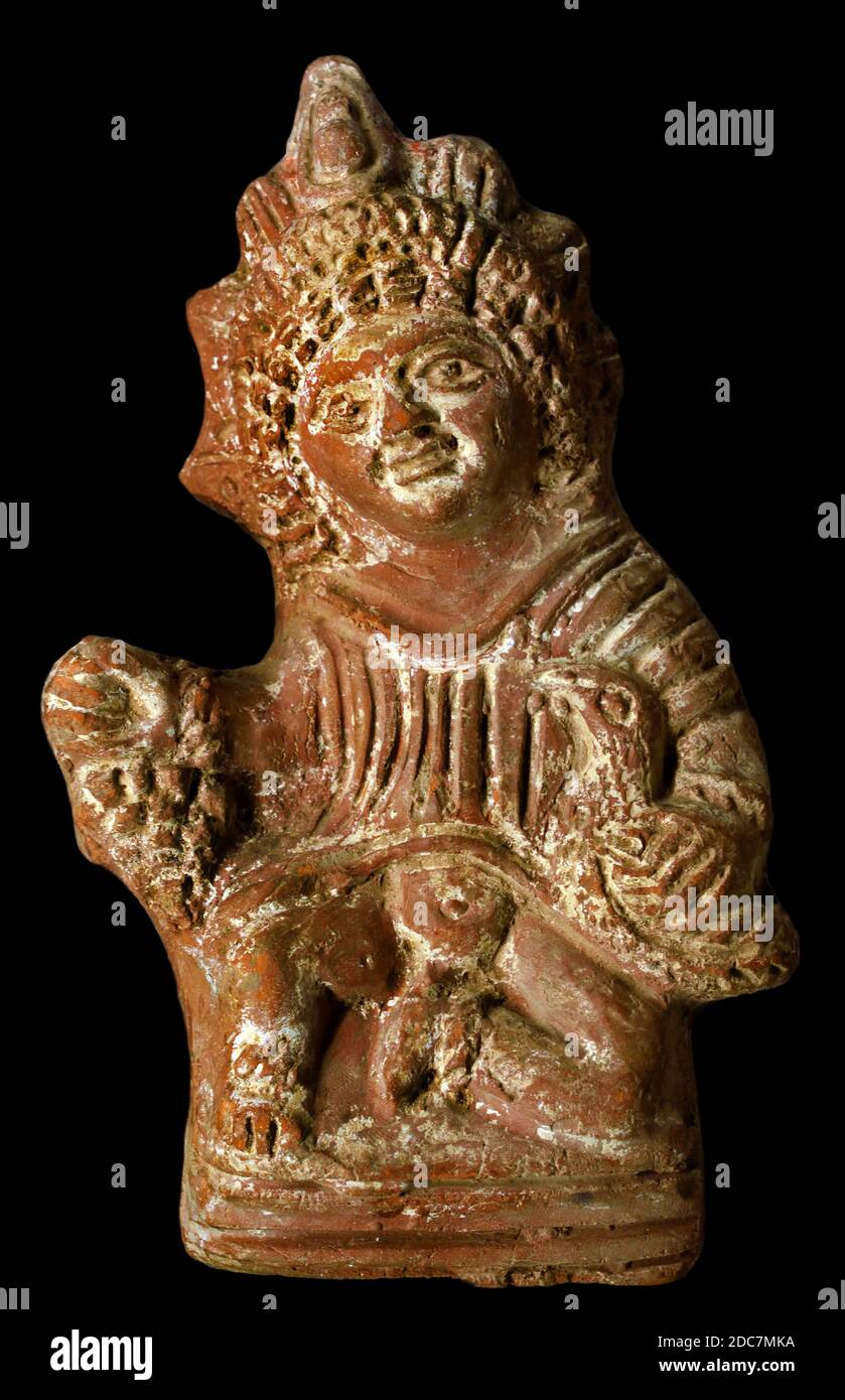 Harpocrates- Harpocrate holding a bunch of grapes and a cockerel. Terracotta figurine, Roman Egypt. Egypt, Egyptian ( 2nd century- 3rd century  Roman period ) Harpocrates was originally an Egyptian deity adopted by the Greeks and worshiped by both Greeks and Romans in later times. Stock Photo