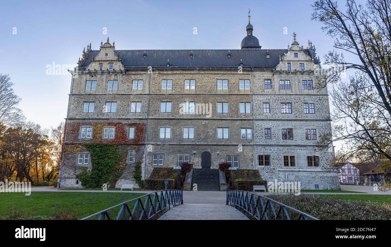 'Wolfsburg Castle' is part of the old Wolfsburg city. Since 17th century it has been enlarged to center court yard surrounded by building from each si Stock Photo