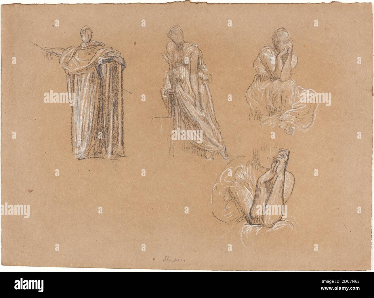 Frederic, Lord Leighton, (artist), British, 1830 - 1896, Figure Studies, black chalk heightened with white on brown wove paper, overall: 23.2 x 32.7 cm (9 1/8 x 12 7/8 in Stock Photo