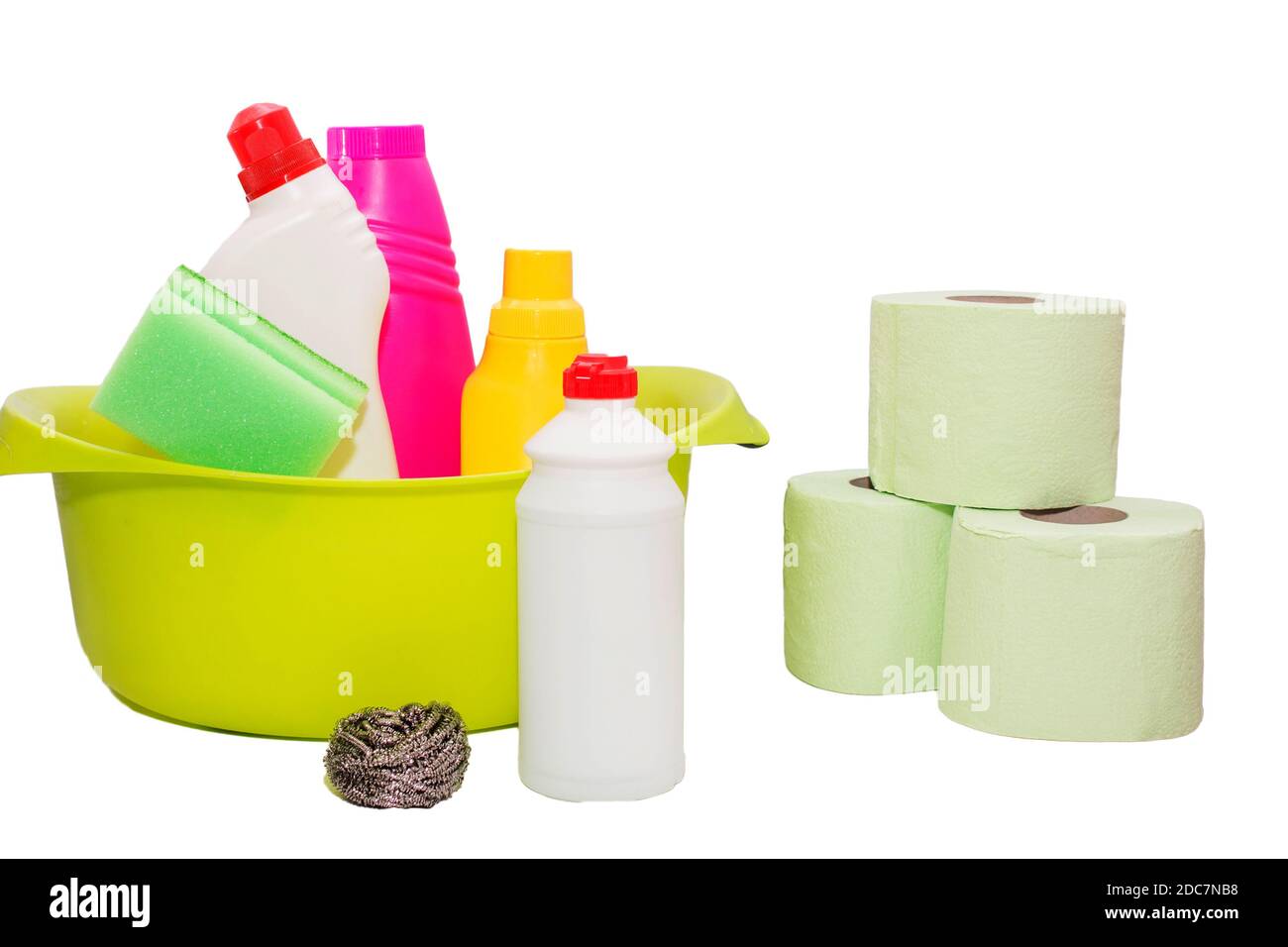 Cleaning items in bucket isolated on white background Stock Photo Alamy