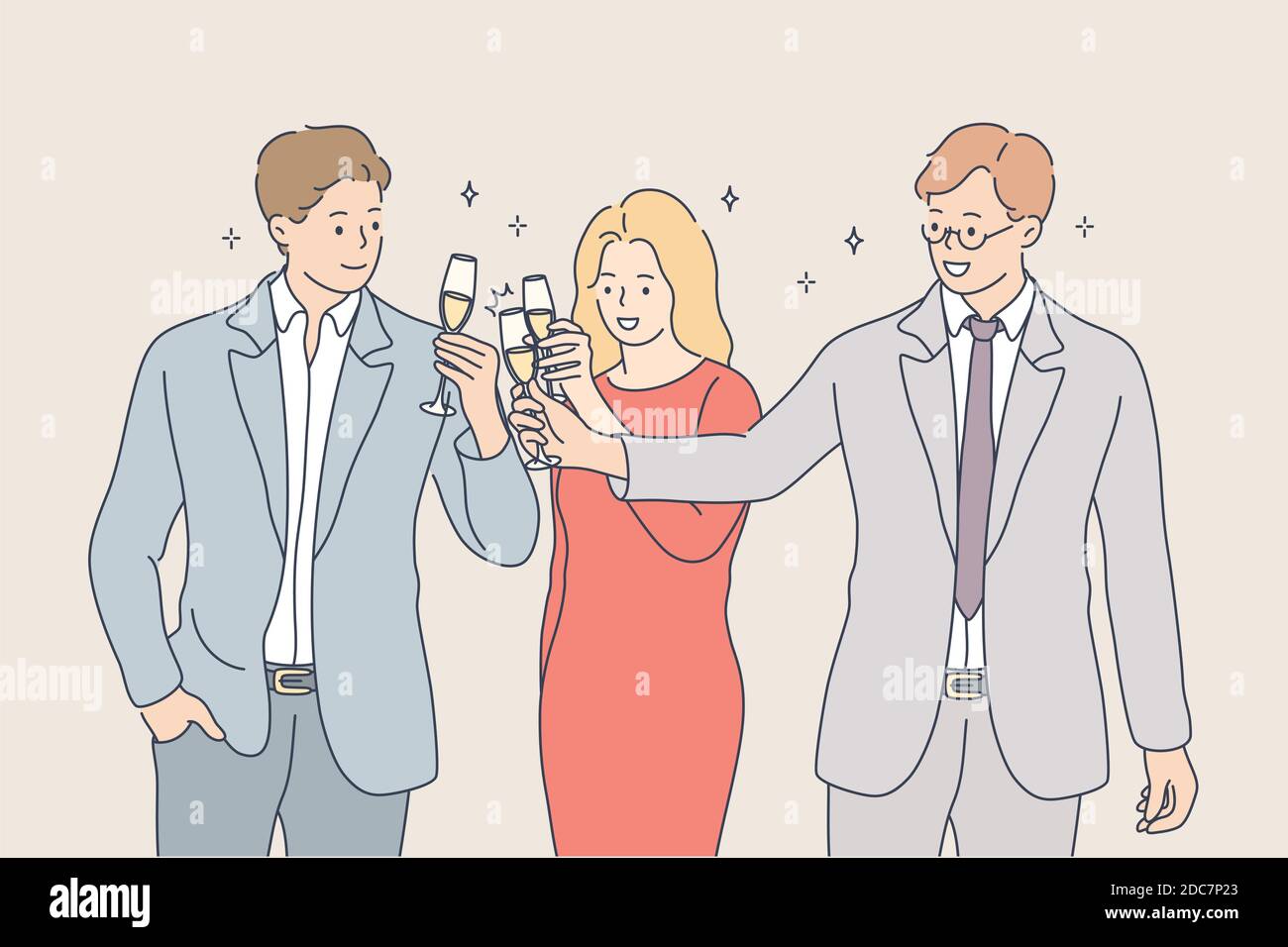 Business, team, celebration, alcohol, success concept. Young crew of happy excited businessmen and woman partners celebrating completed startup projec Stock Vector