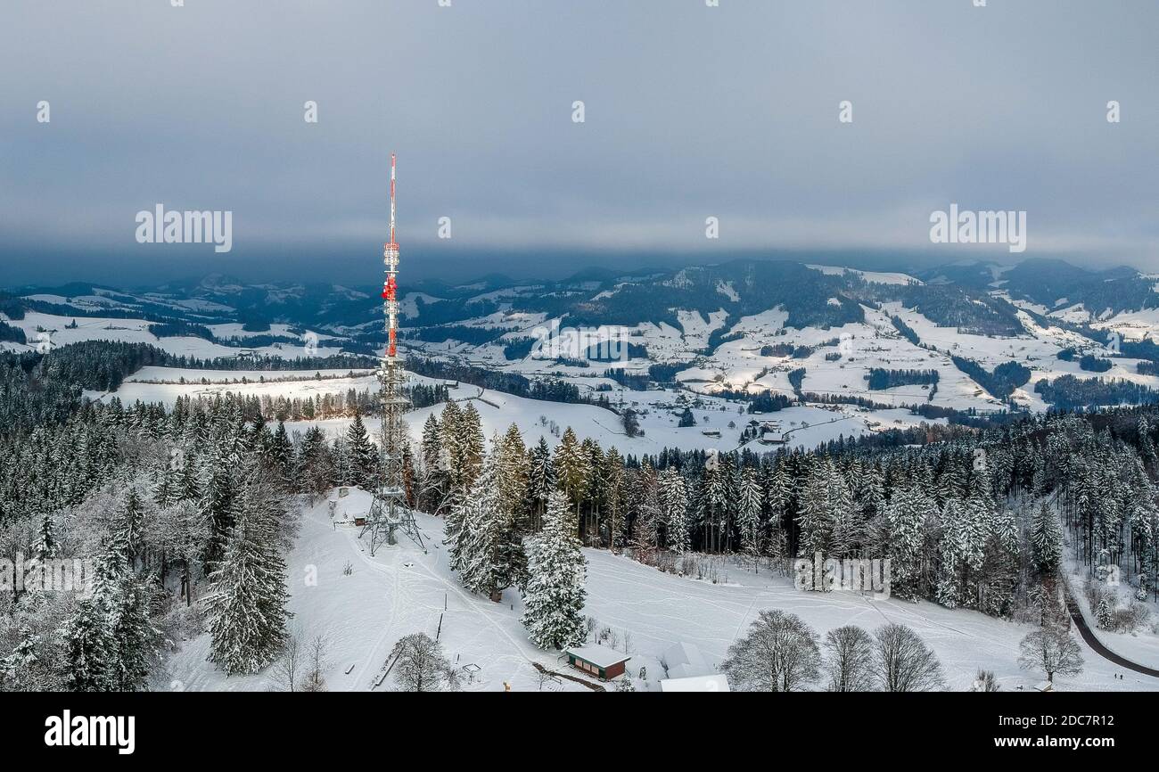 Bachtel is a mountain of the Appenzell Alps, located between Hinwil and Wald in the canton of Zurich. Fernsehturm. TV-Turm. Stock Photo