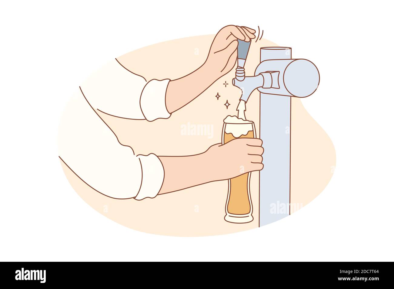 Drink, nightlife, alcohol, work, job concept. Human man bartender character hands holding glass pouring craft beer alcoholic beverage in city pub. Pro Stock Vector