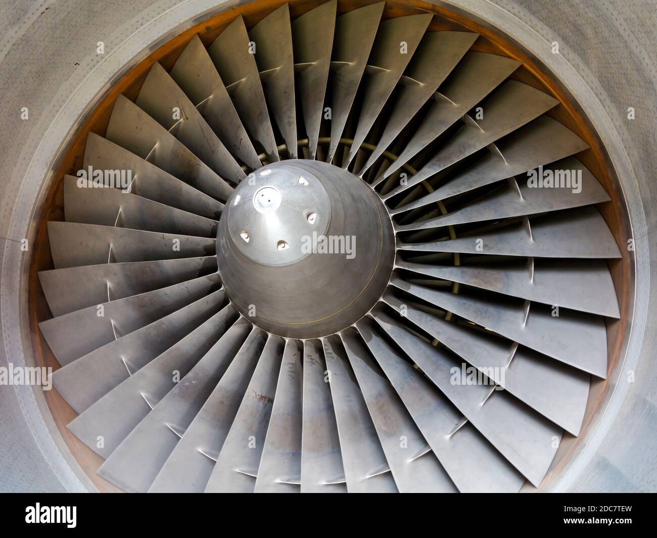Detail of metal blades on a jet aircraft engine. Stock Photo