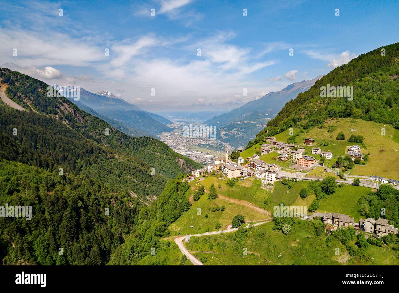 Campo Tartano, Val Tartano, Valtellina (IT), Aerial view Stock Photo