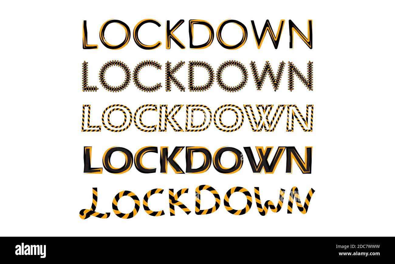 Lockdown striped text set in orange and black colors on transparent background. Corona virus or Covid-19 pandemic prevention, stay home locked Stock Vector