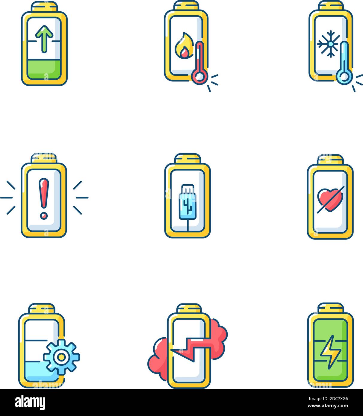 Battery problems RGB color icons set Stock Vector