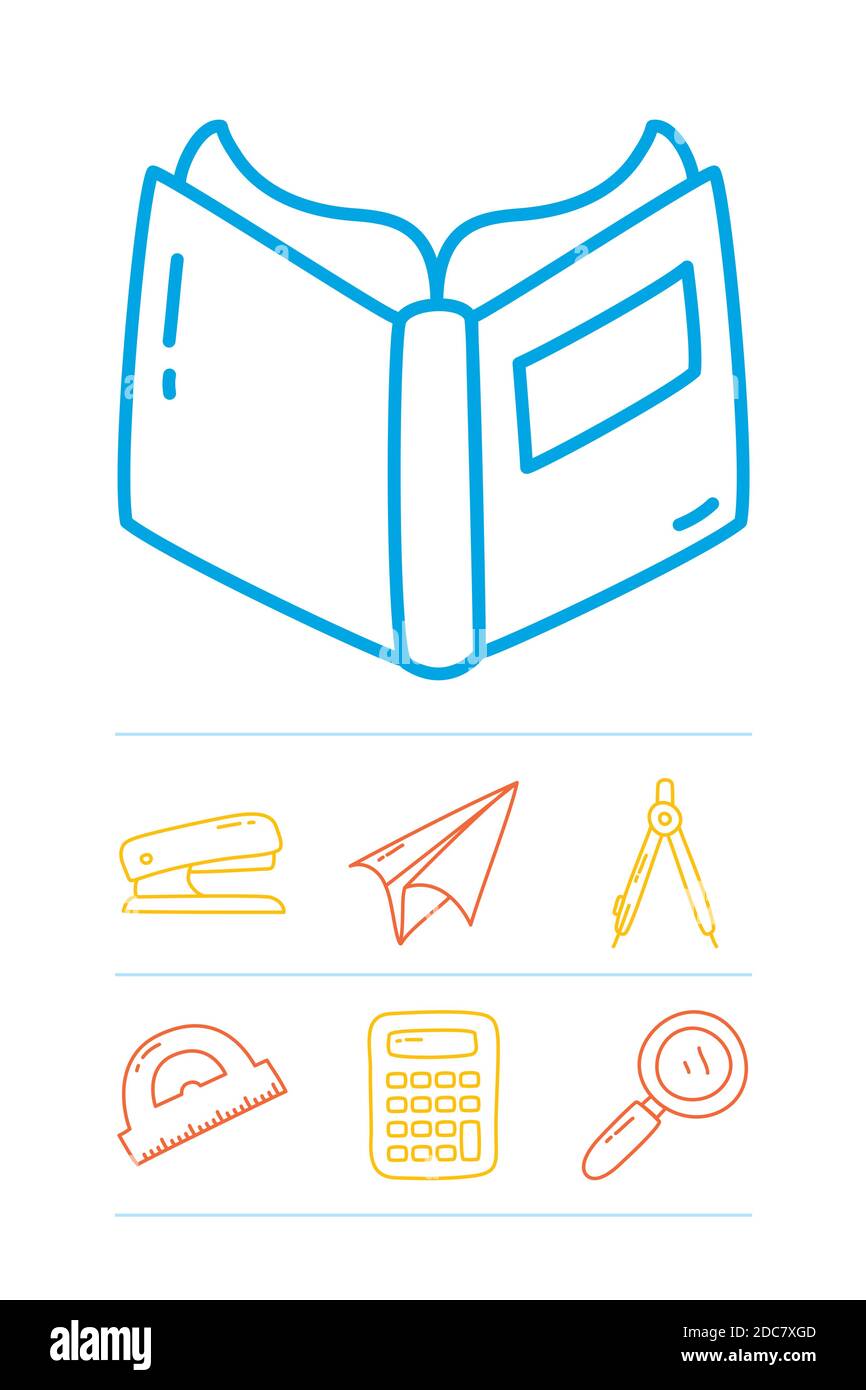 book and stationary icon set over white background, line doodle style, vector illustration Stock Vector