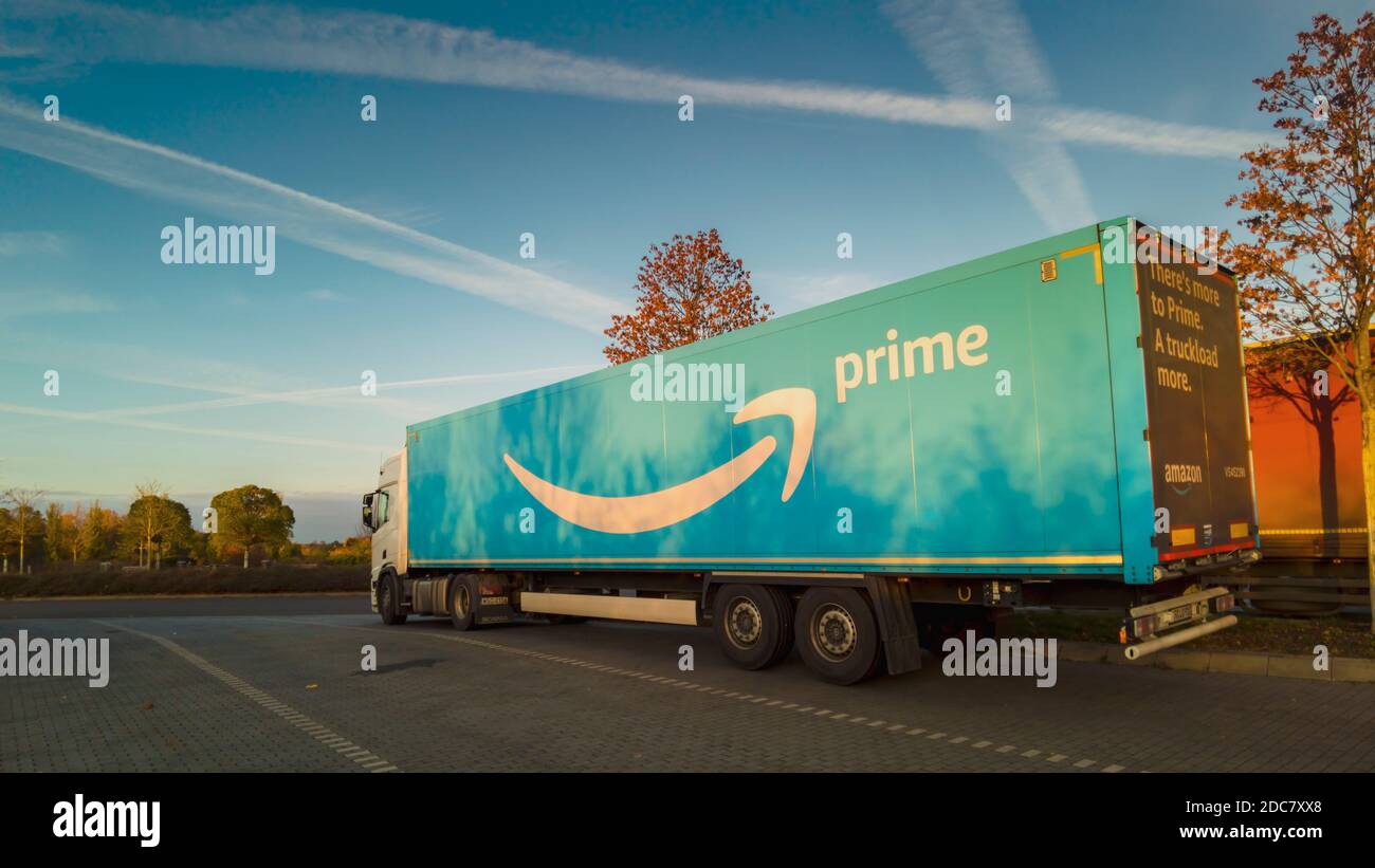 Germany , 18.11.2020 , A 15 , Eichow , A truck of Amazon Prime on a parking  lot Stock Photo - Alamy