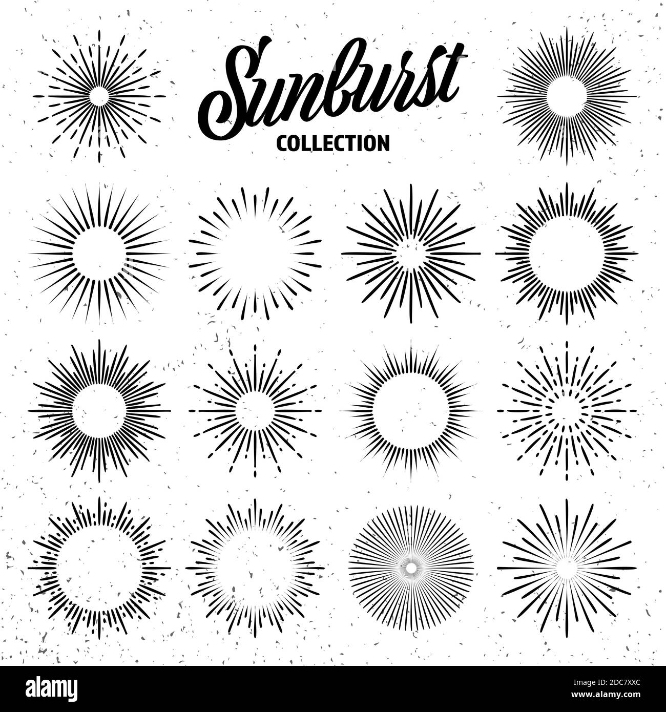 Vintage grunge sunburst collection. Bursting sun rays. Fireworks. Logotype or lettering design element. Radial sunset beams. Vector illustration. Stock Vector