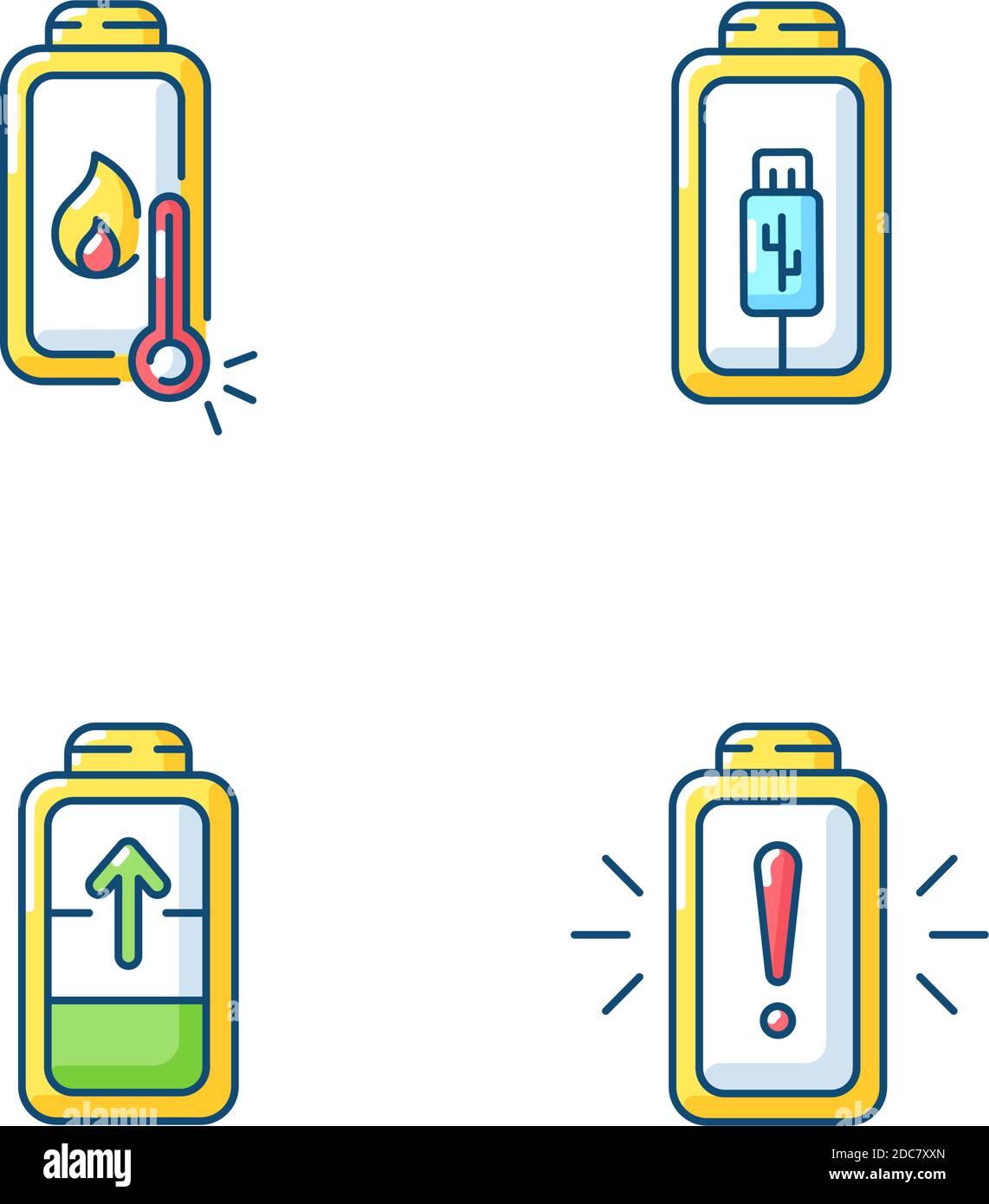 Battery cable charging process RGB color icons set Stock Vector
