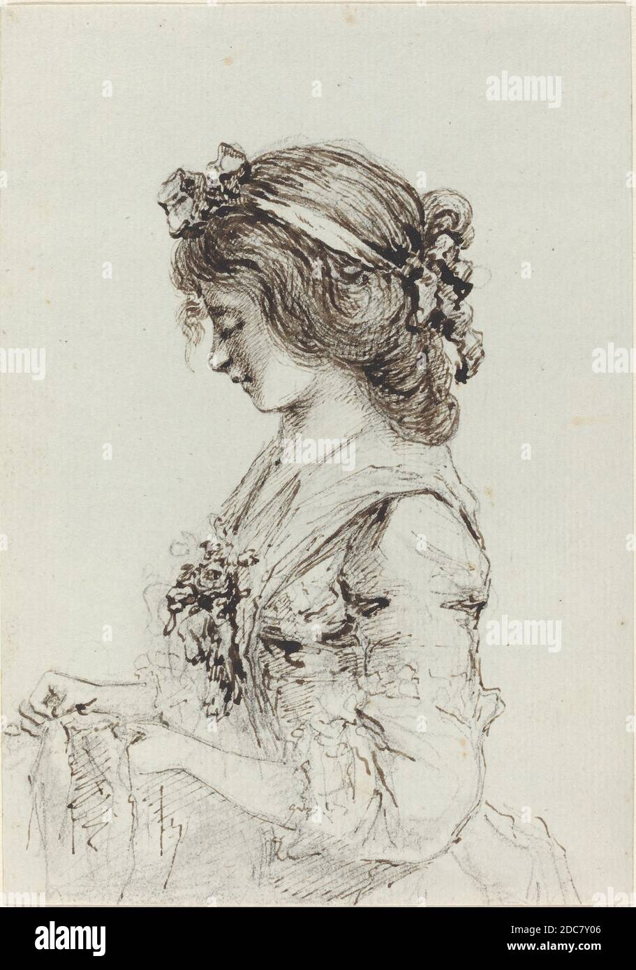 Vivant Denon, (artist), French, 1747 - 1825, A Young Woman Sewing, c. 1790,  pen and brown ink over graphite on gray-blue paper, overall: 16.4 x 11.5 cm  (6 7/16 x 4 1/2 in Stock Photo - Alamy