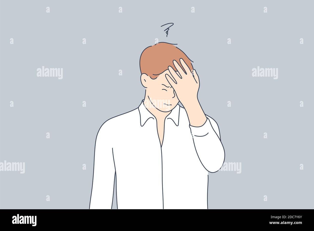 Emotion, face, expression, frustration, despair, stupidity, remember concept. Young unhappy sad man guy character standng with hand on head for mistak Stock Vector