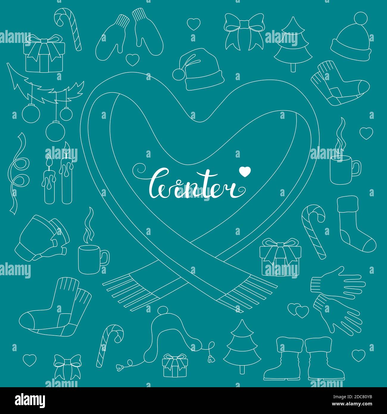 lettering winter and winter attributes. Winter doodle Stock Vector