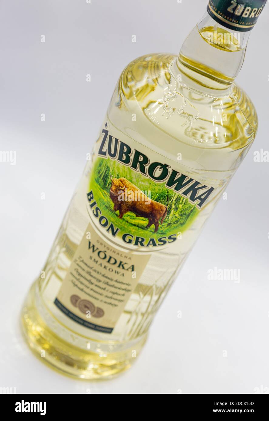 KYIV, UKRAINE - OCTOBER 23, 2020: Zubrowka Bison Grass vodka bottle closeup against white background. It is a flavored Polish vodka liqueur, which con Stock Photo