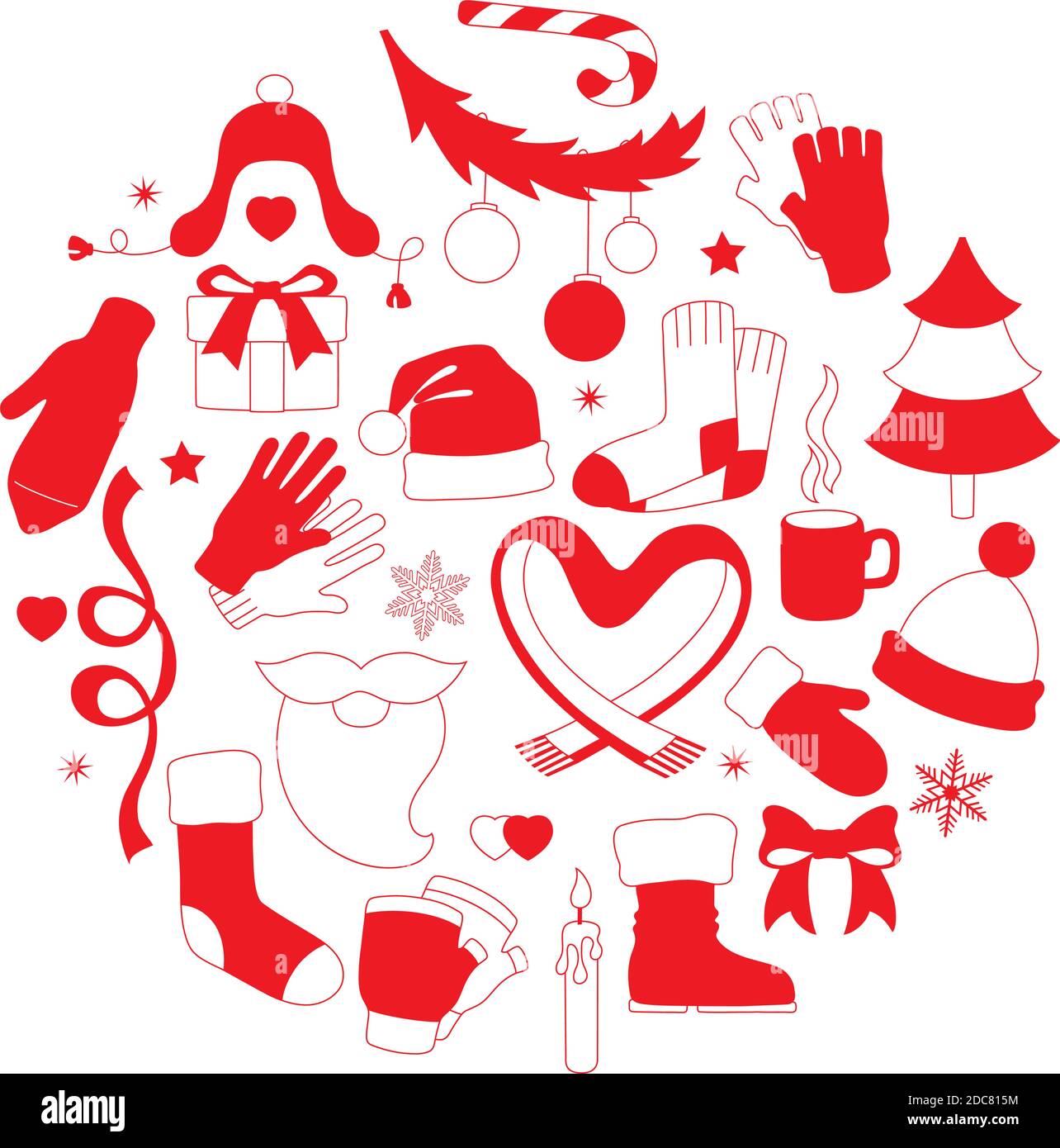 Winter doodle. Round shape with different elements. Stock Vector