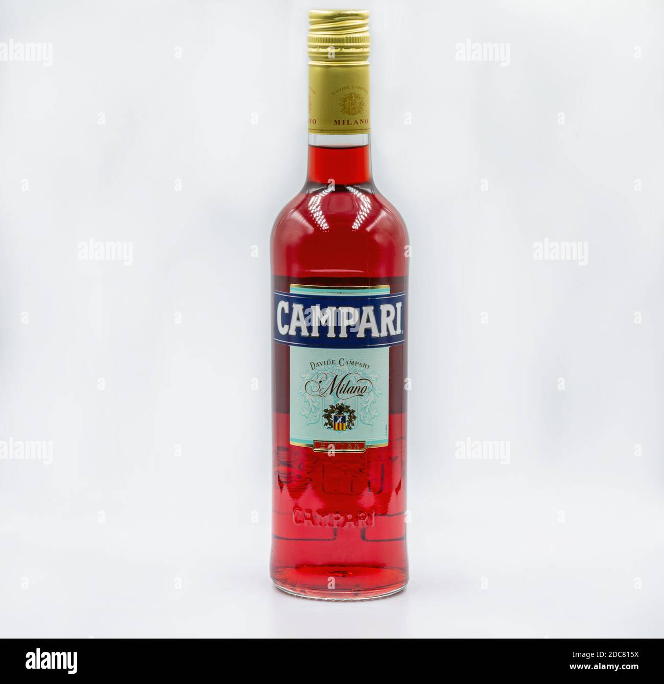 KYIV, UKRAINE - OCTOBER 31, 2020: Bottle of Campari Bitter Liqueur closeup against white. Classic Italian bitter liqueur is made using a blend of herb Stock Photo