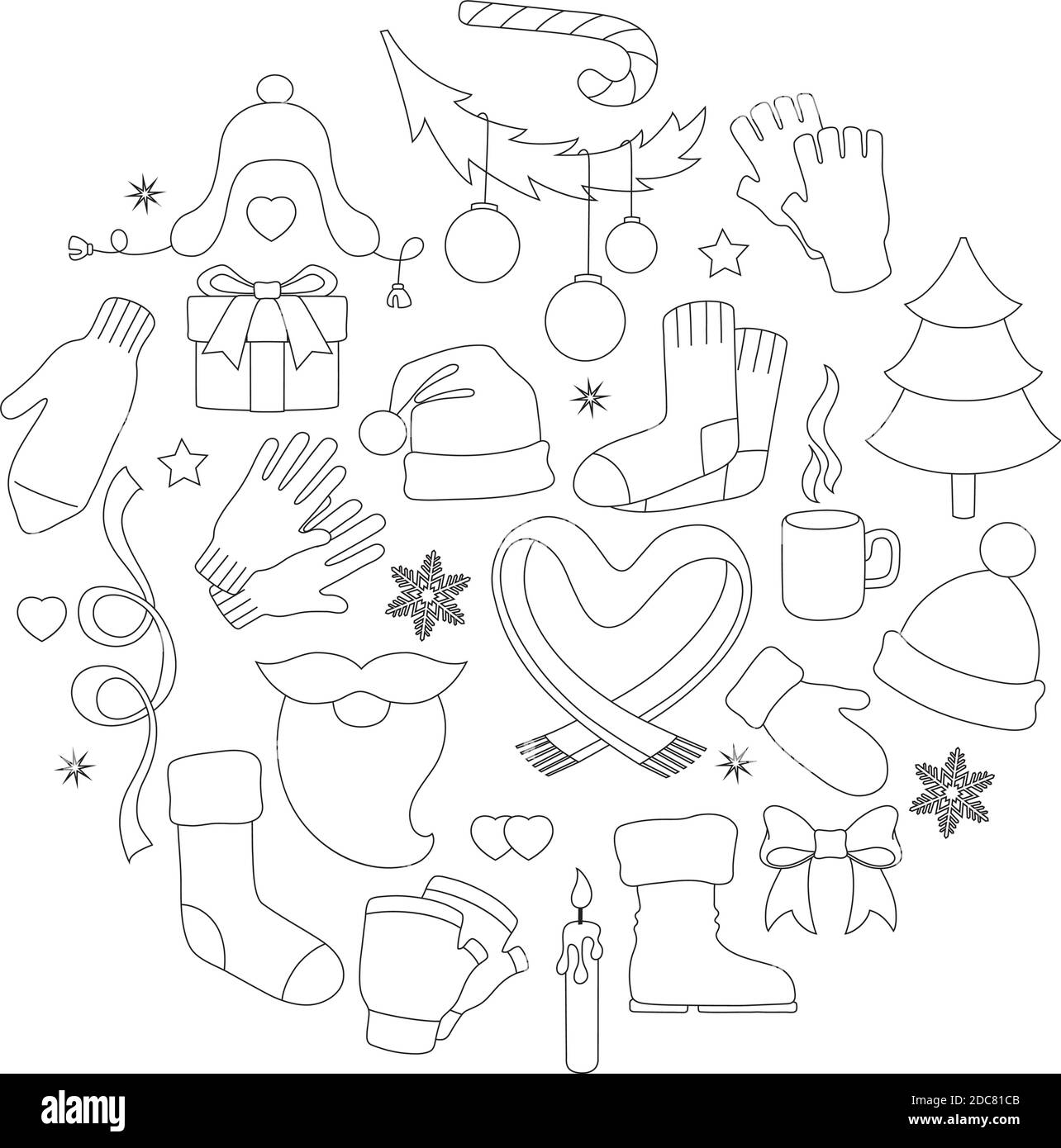 Winter doodle. Round shape with different elements. Stock Vector