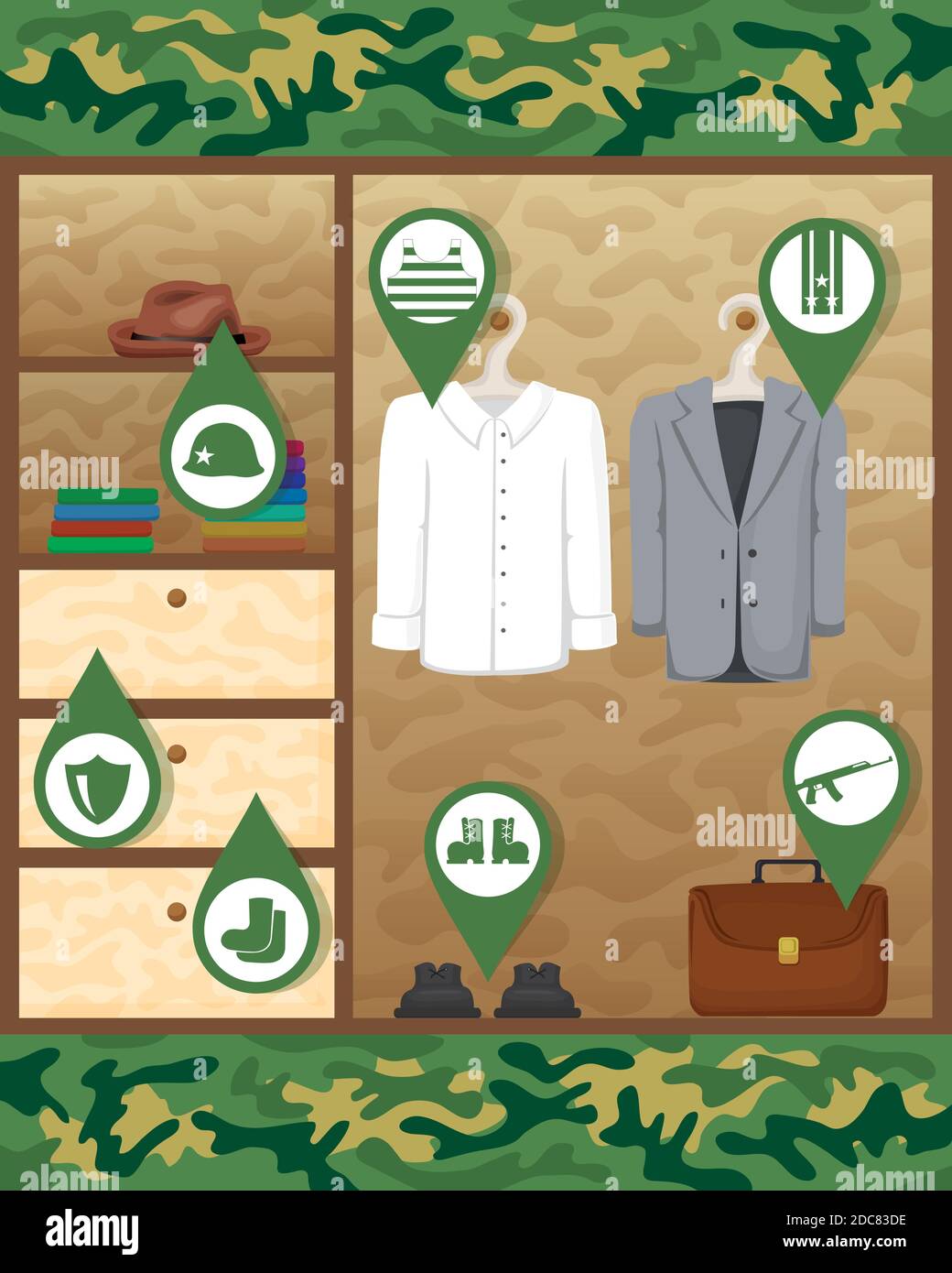 Vector illustration. Template cards Defender's Day, Men's Day. Man defender always, even in the service of the army. Closet with clothes and icons mil Stock Vector