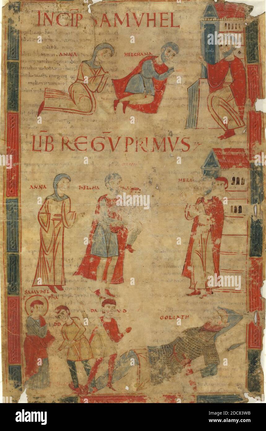 Italian 11th Century, (artist), Four Scenes from the First Book of Samuel, Leaf from a Giant Bible, (series), late 11th century, miniature on vellum, overall: 41.4 x 27.3 cm (16 5/16 x 10 3/4 in Stock Photo