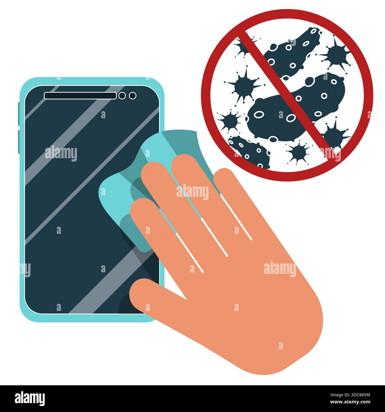 Hand, smartphone, prohibition sign with virus, bacteria. Keep your gadget screen clean with wet wipe, treat with antibacterial damp cloth, hygienic Stock Photo