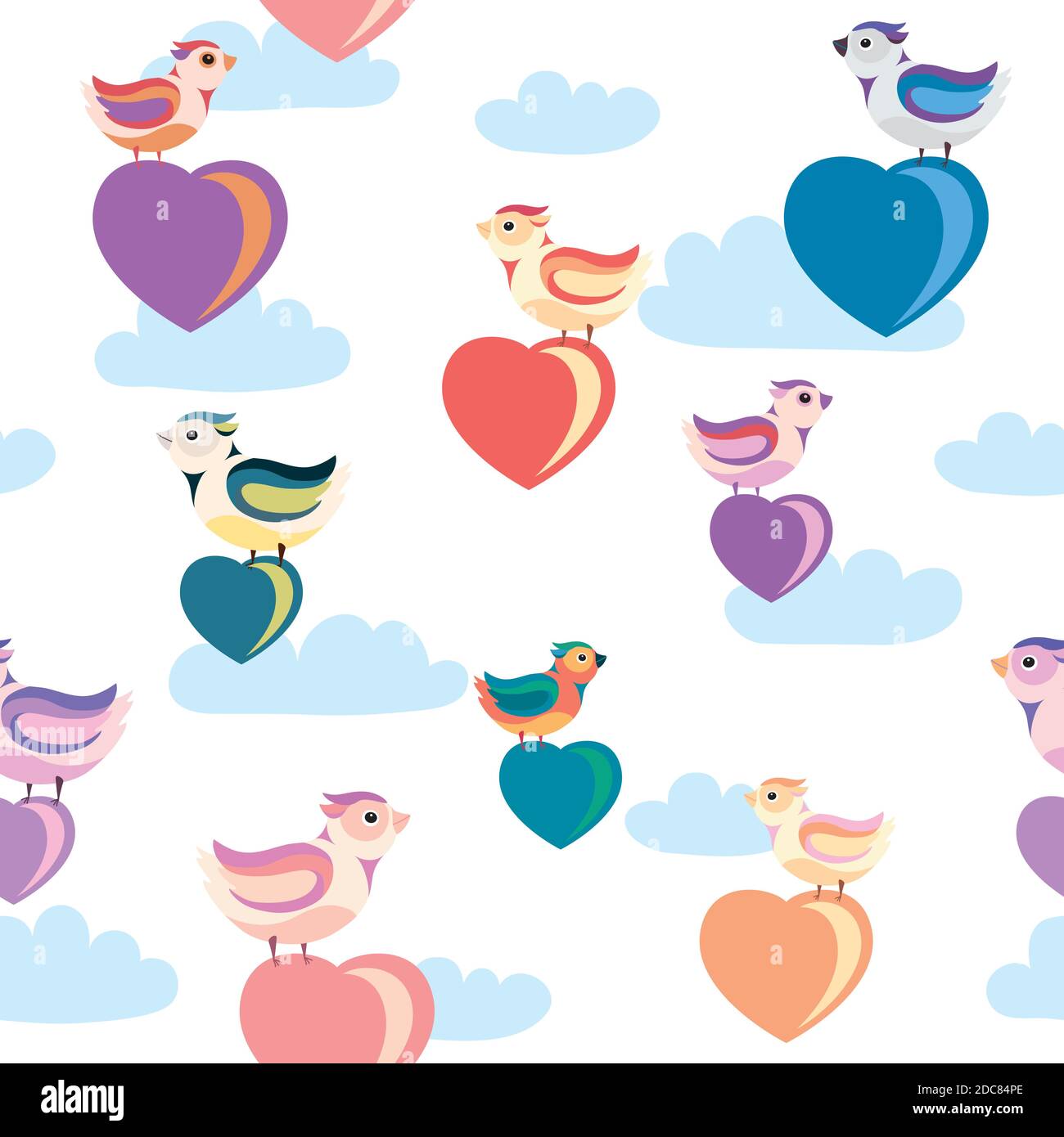 seamless pattern birds and heart in clouds. Stock Vector