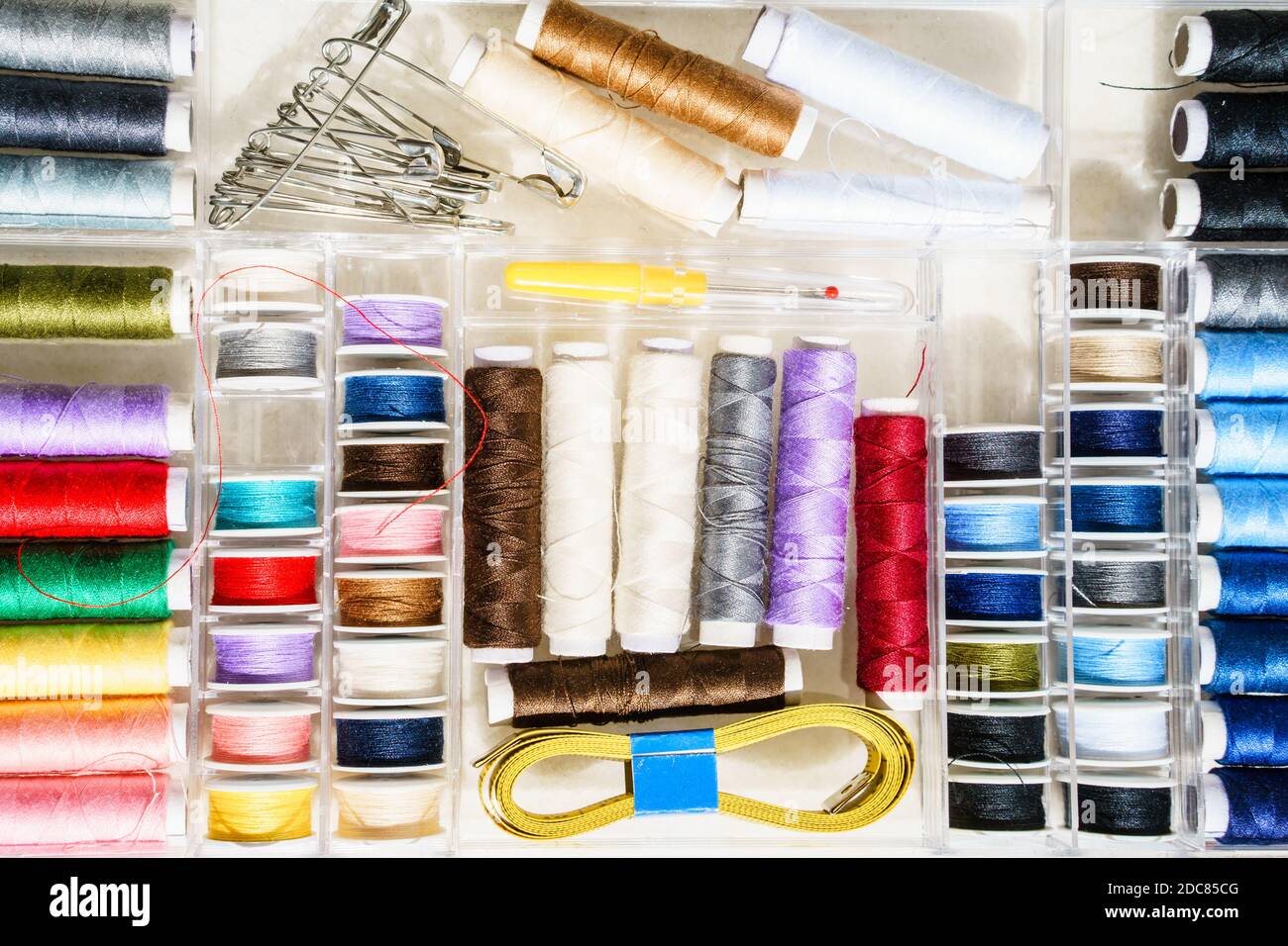 A top view shot of colorful knitting thread set Stock Photo - Alamy