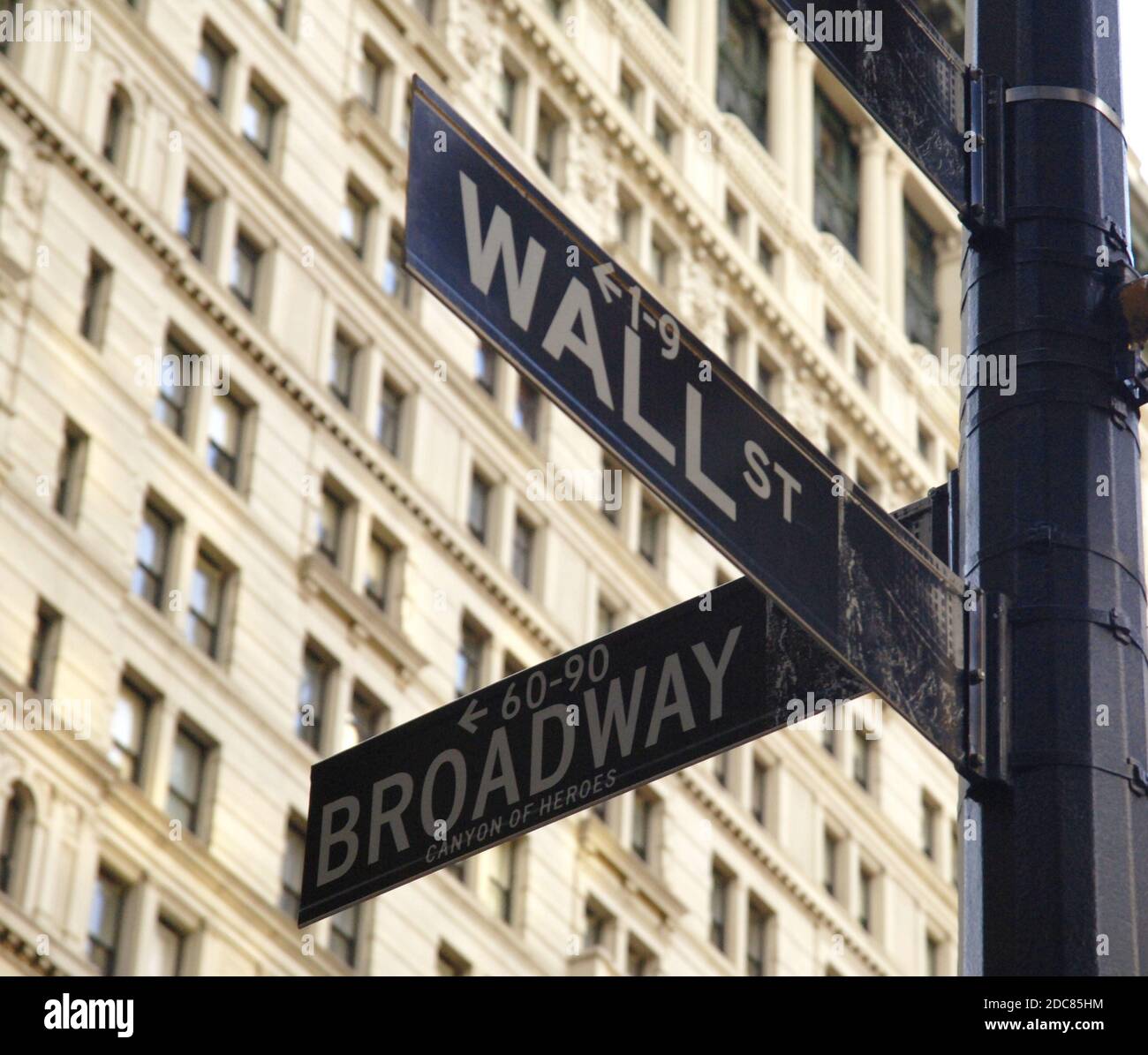 New York Street Sign - Wall Street and Broadway Stock Photo