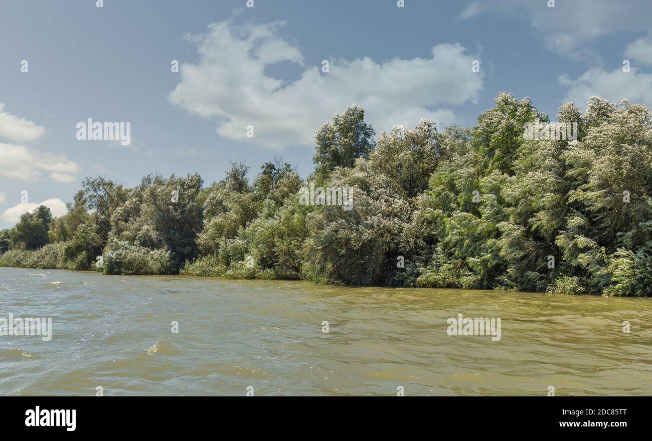 Danube river with dramatic clouds. State border between Romania and Ukraine in Vilkove. Stock Photo