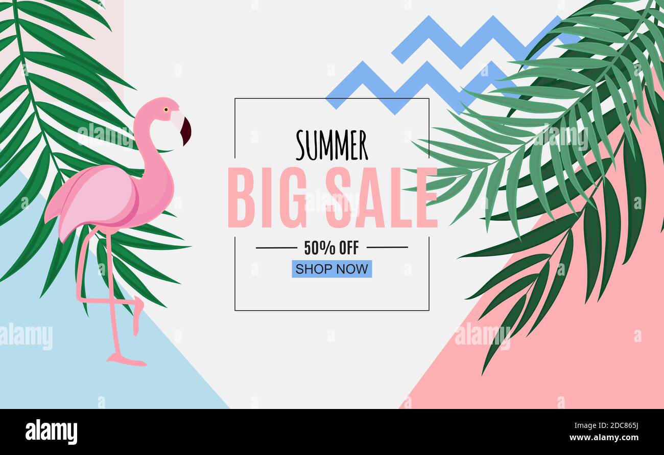 Abstract Summer Sale Background with Palm Leaves and Flamingo ...