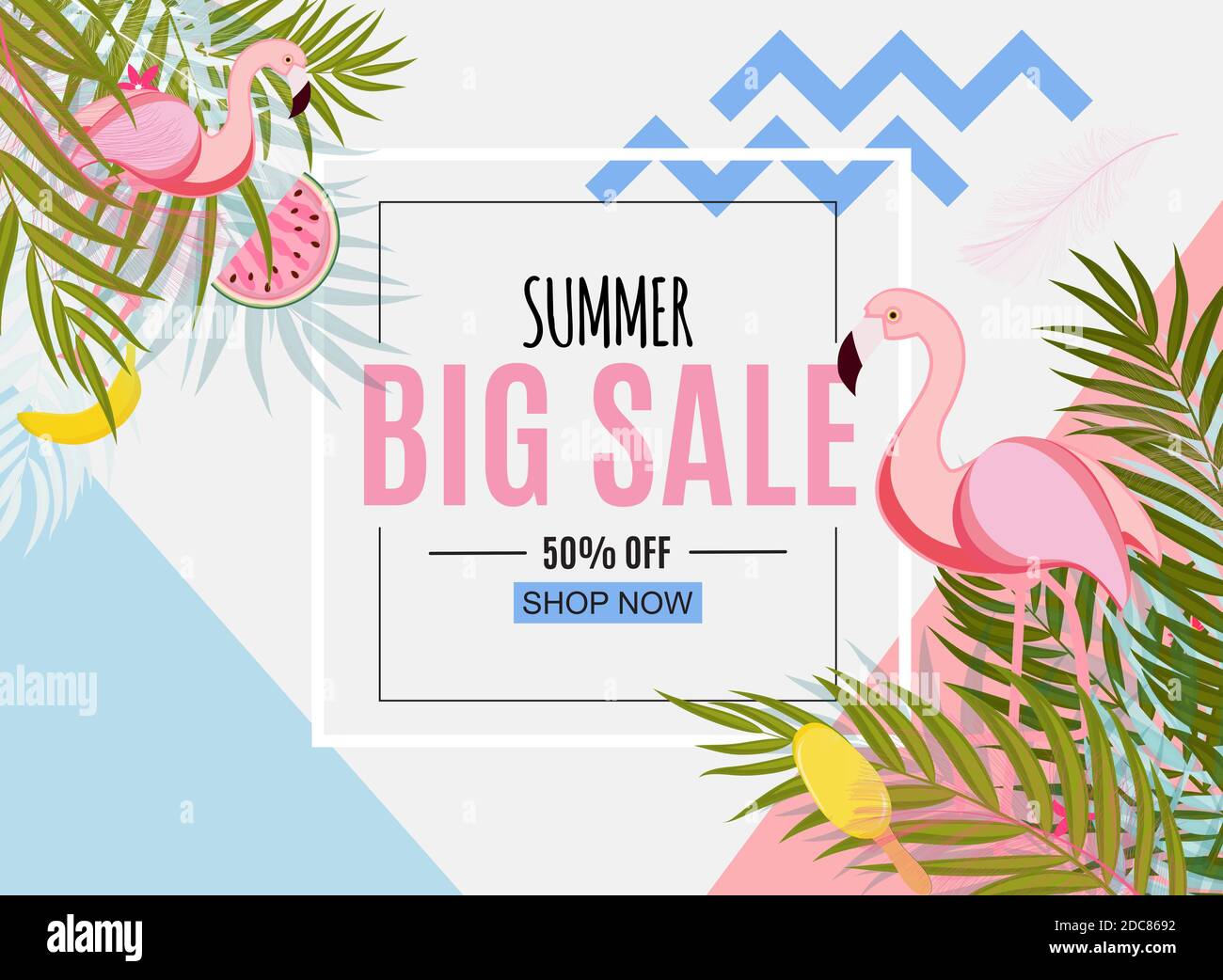 Abstract Summer Sale Background with Palm Leaves and Flamingo ...