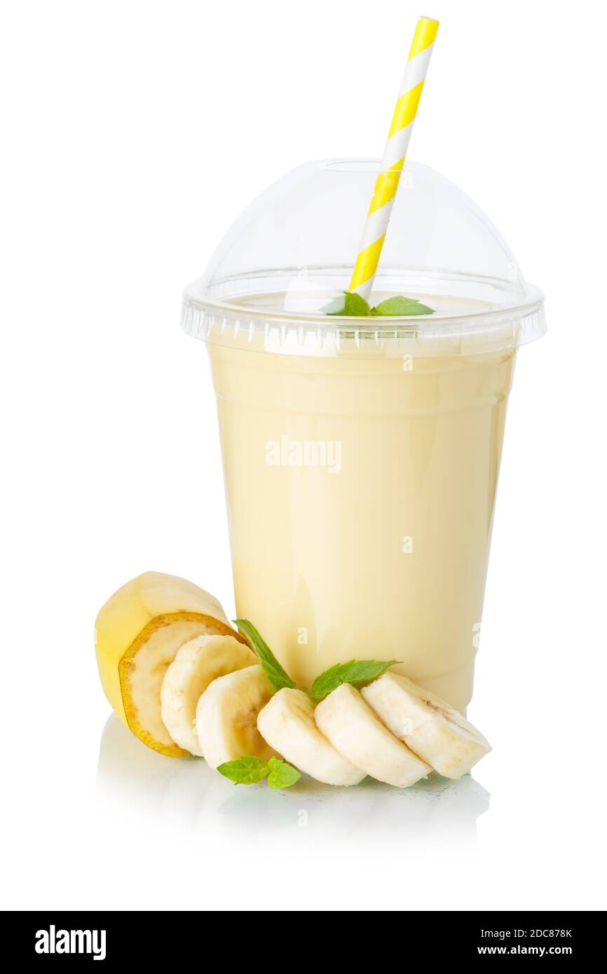 Banana fruit juice smoothie fresh drink milkshake milk shake in a cup isolated on a white