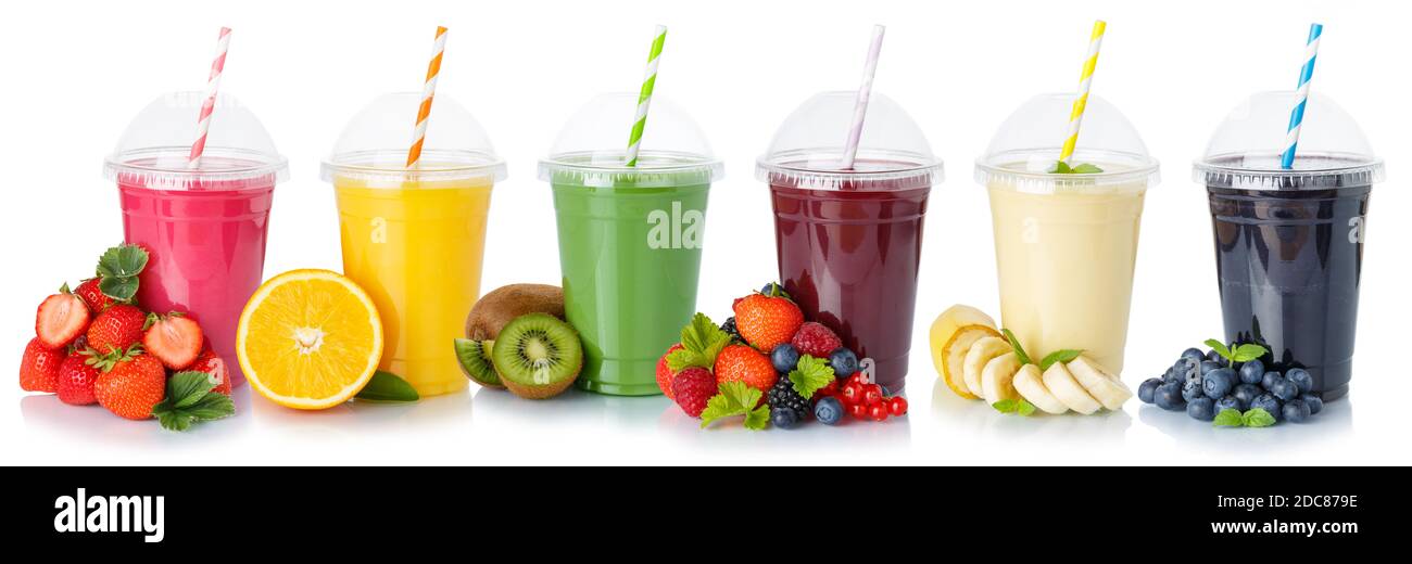 Collection of fruit juice smoothies drink many drinks cups healthy eating isolated on a white