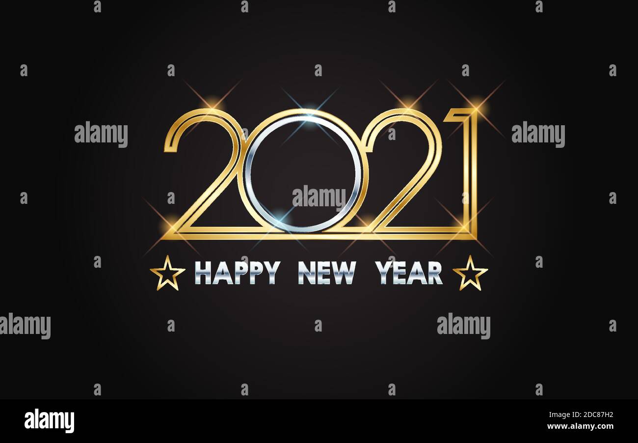 Golden and silver happy new year 2021 font effect with glowing light Stock Vector