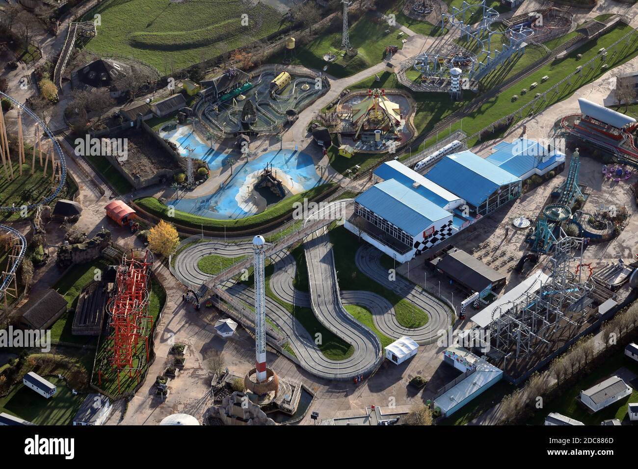 aerial view of the Flamingo Land Resort at Kirby Misperton near Pickering in North Yorkshire, UK Stock Photo