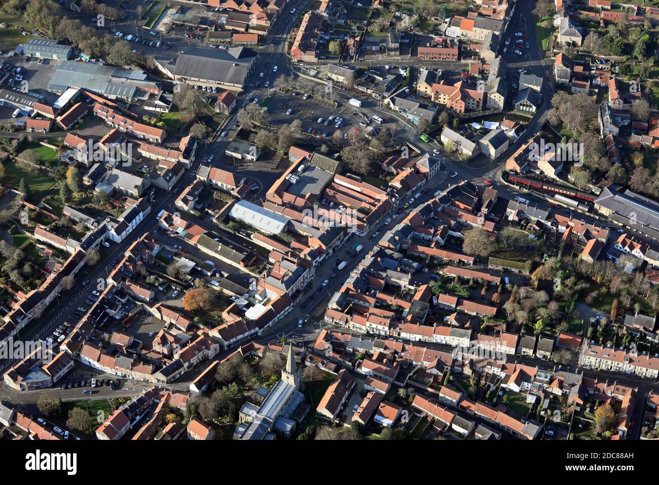 aerial view of Pickering town centre: the A170 road Hungate, Market Place and the Malton road all visible. Stock Photo