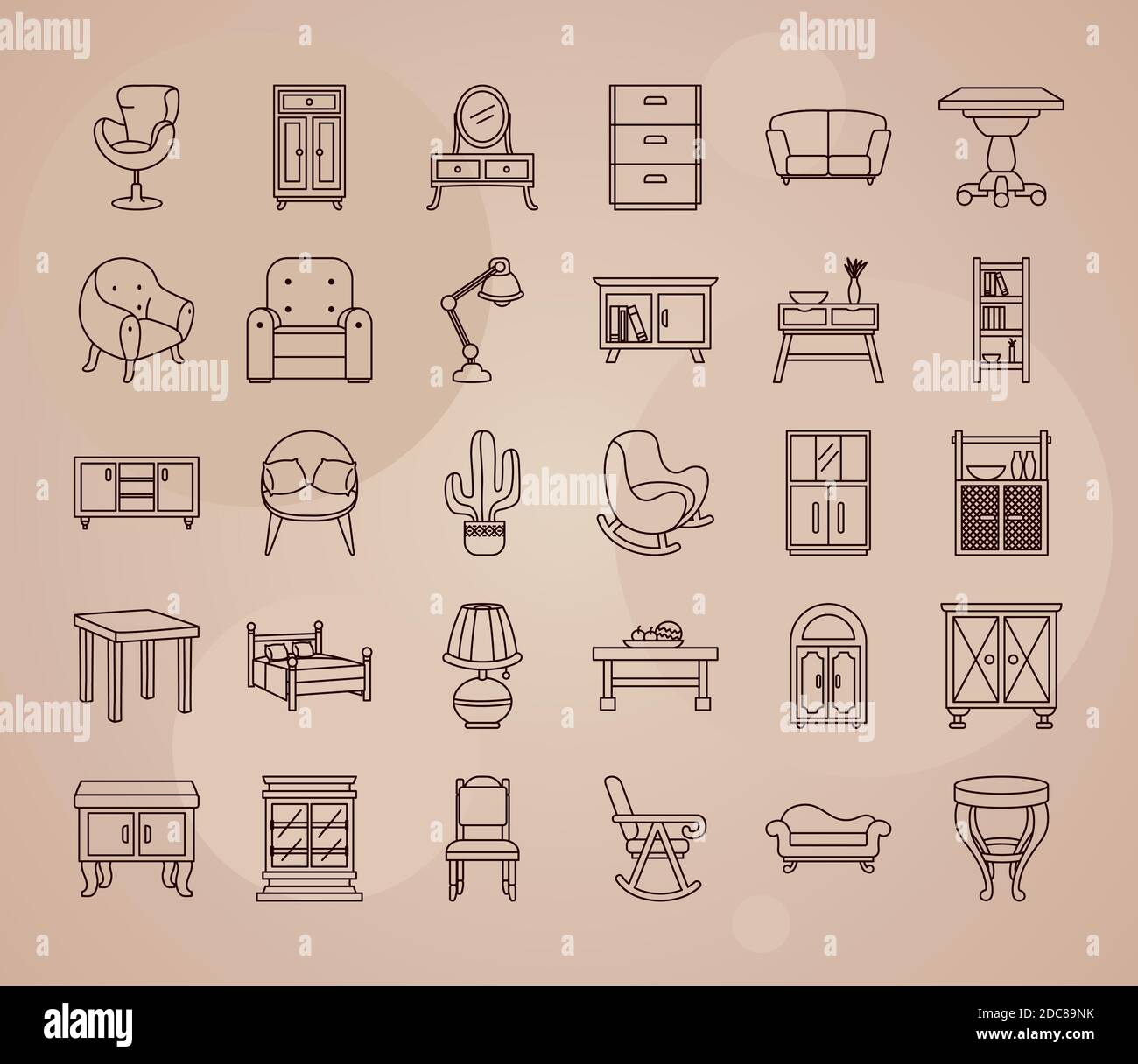 furniture icon set over brown background, line style, vector ...