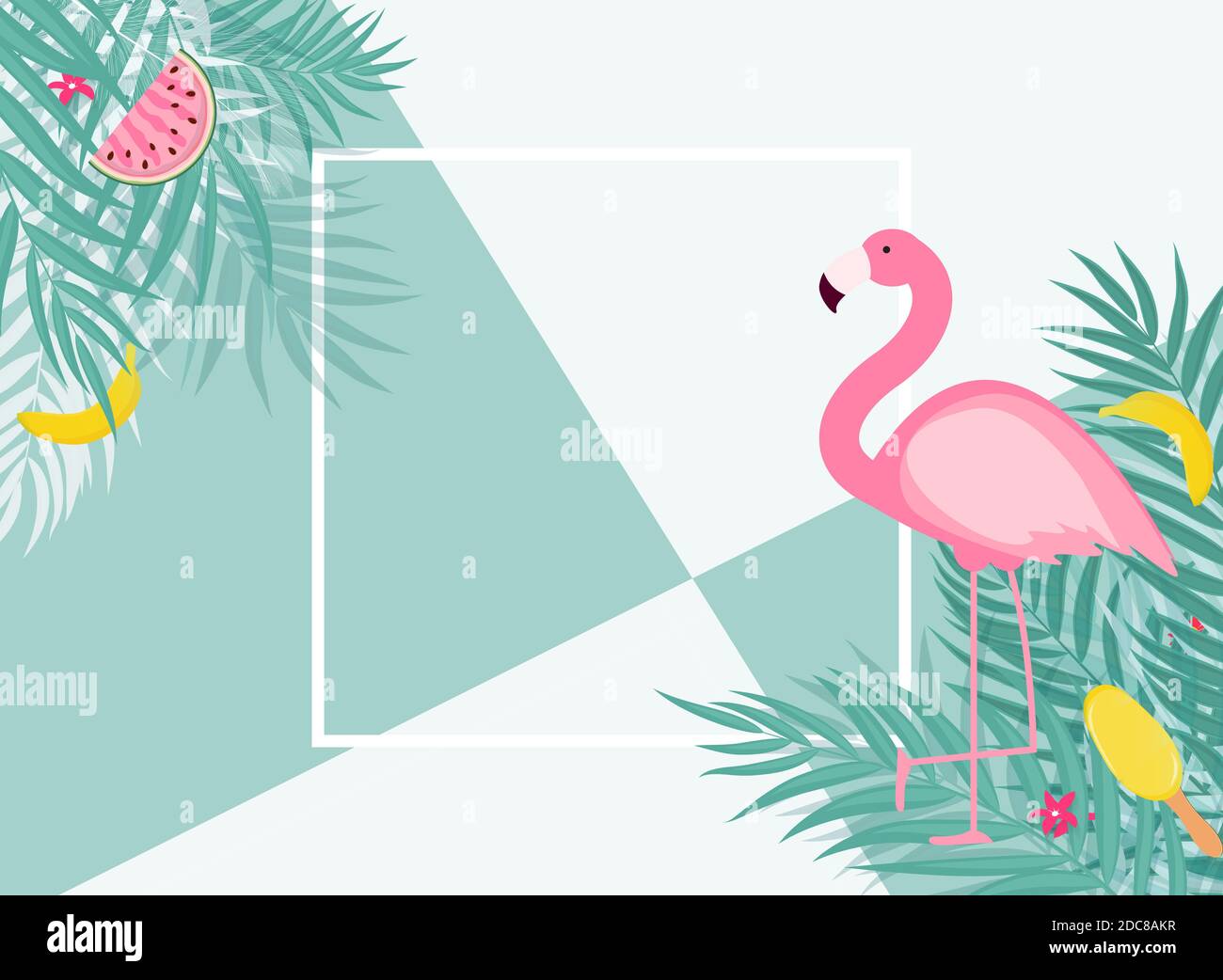 Cute Summer Abstract Frame Background with Pink Flamingo Illustration ...