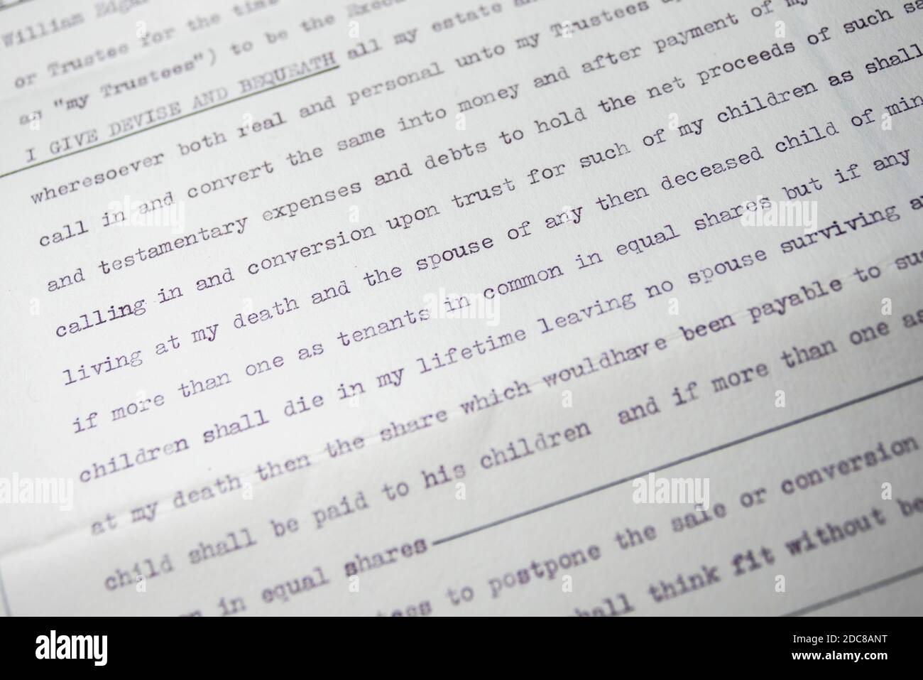 Vintage papers. Close up of last will and testament, mentioning children, spouse and deceased child Stock Photo