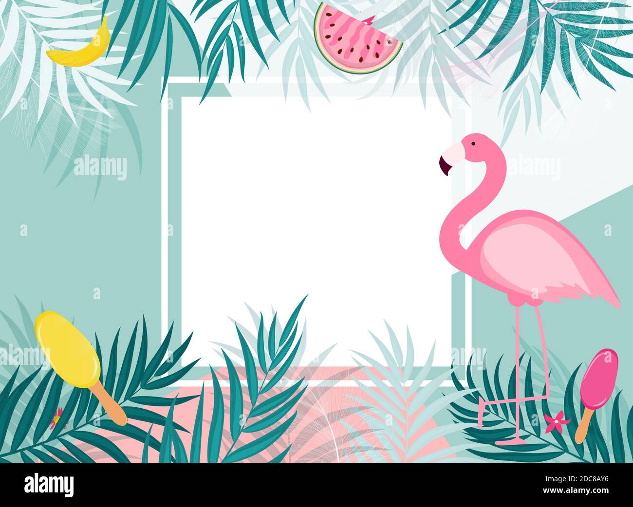 Cute Summer Abstract Frame Background with Pink Flamingo Illustration ...