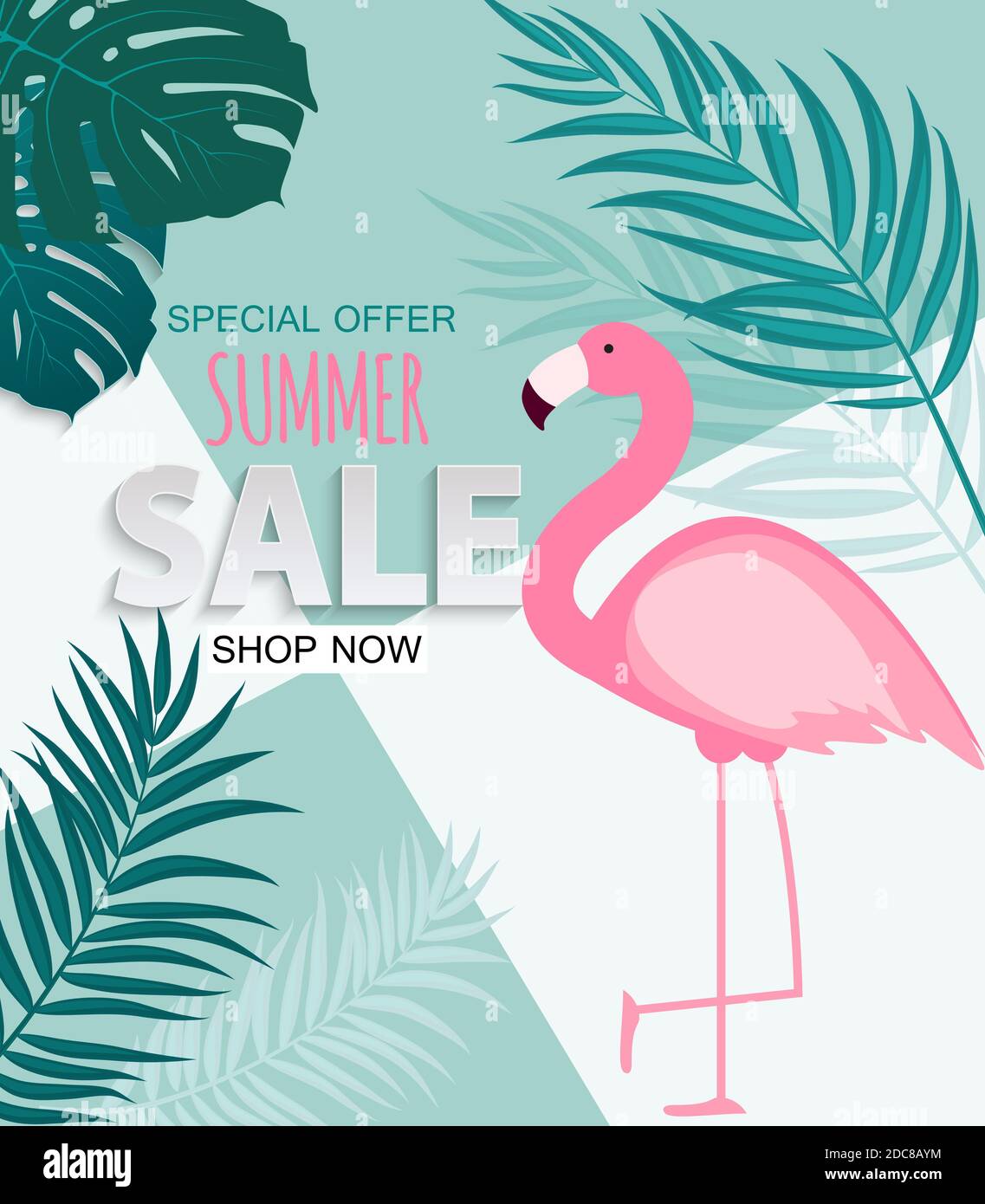 Abstract Summer Sale Background with Palm Leaves and Flamingo ...