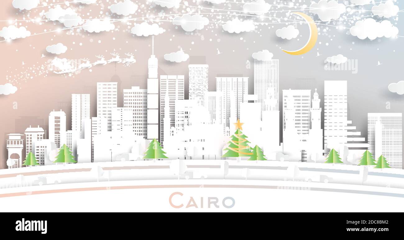 Cairo Egypt City Skyline in Paper Cut Style with Snowflakes, Moon and Neon Garland. Vector Illustration. Christmas and New Year Concept. Stock Vector