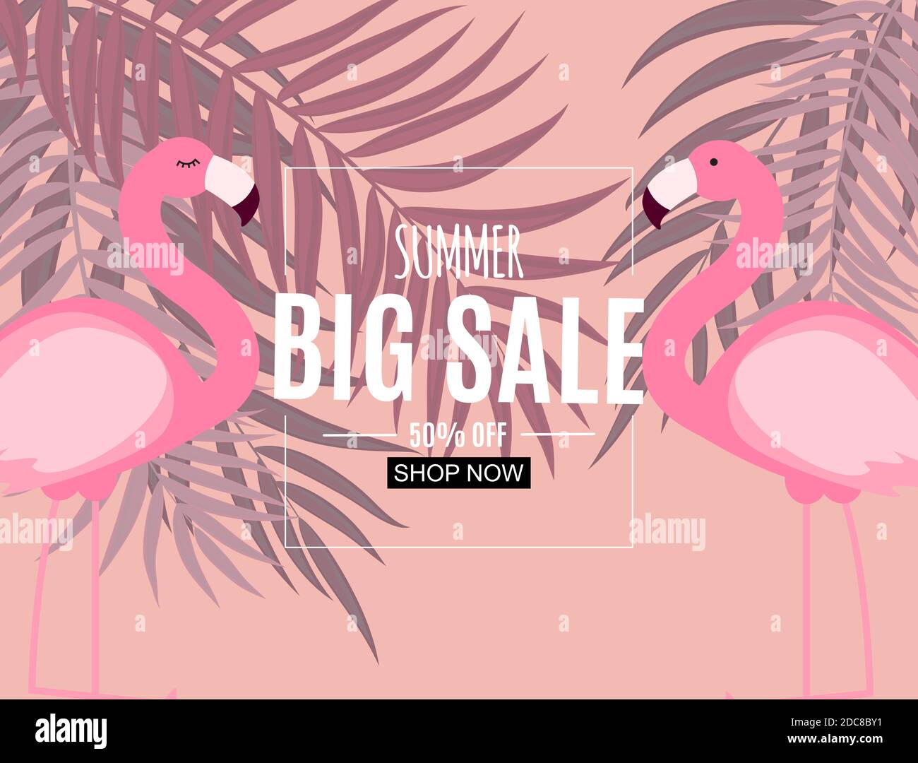 Abstract Summer Sale Background with Flamingo and Palm Leaves ...