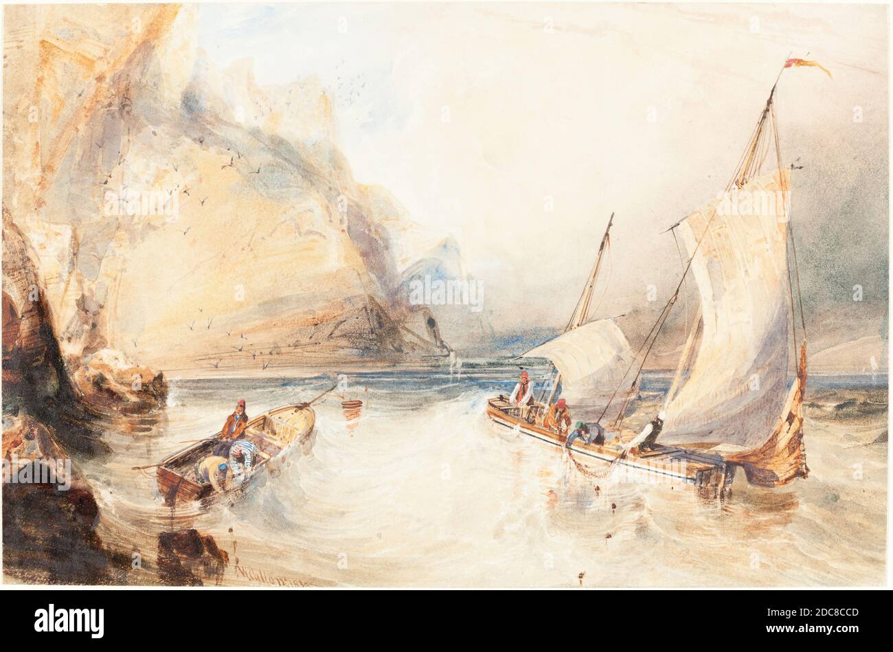 William Callow, (artist), British, 1812 - 1908, French Fishing Boats off a Rocky Coast, 1833, watercolor and white gouache over graphite on laid paper, Overall: 17.5 x 26.5 cm (6 7/8 x 10 7/16 in.), overall: 27.9 x 35.6 cm (11 x 14 in Stock Photo