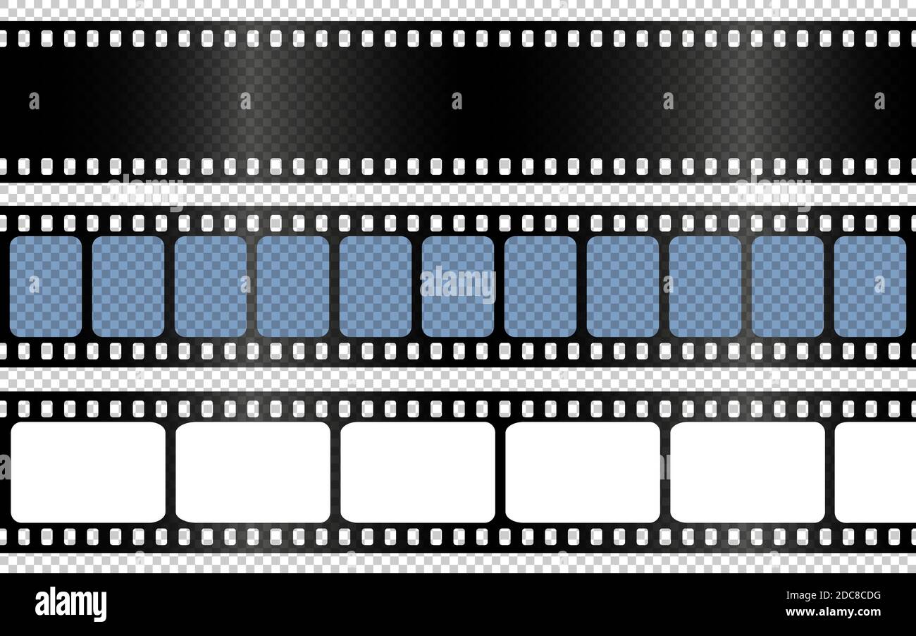 Realistic film strips collection on transparent background. Old retro cinema strip. Vector photo frame. Stock Vector